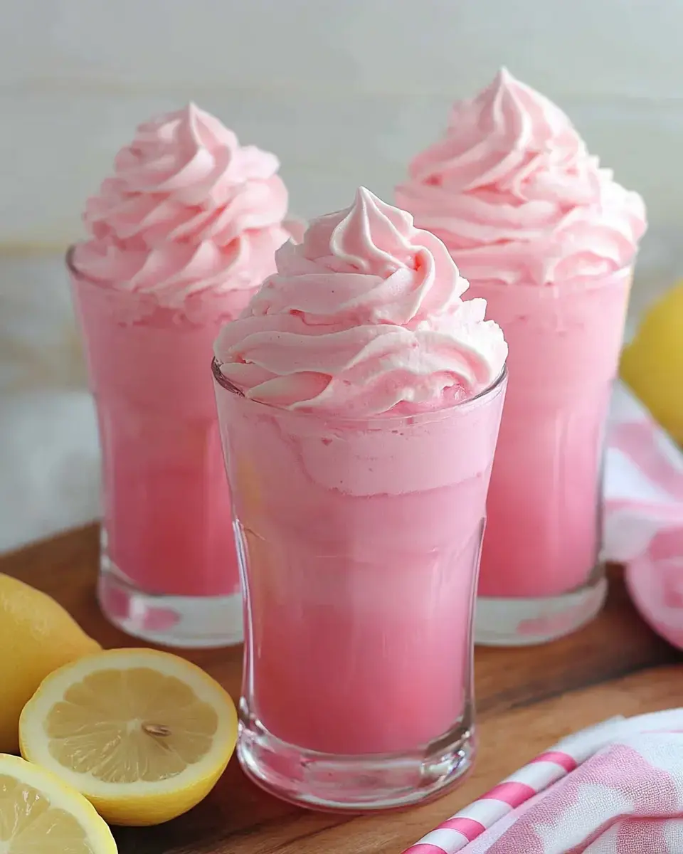 Three tall glasses filled with pink frothy drinks topped with swirls of pink whipped cream, accompanied by cut lemons on a wooden surface.