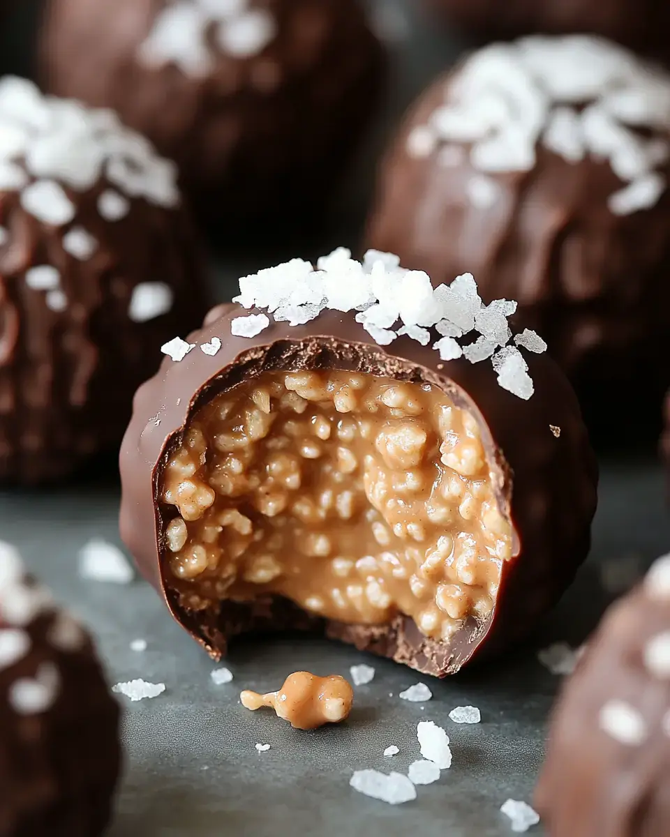 A close-up image of a chocolate candy with a bite taken out, revealing a gooey, caramel-filled center topped with crispy rice and sprinkled with coarse salt.