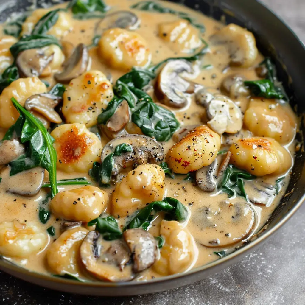 A creamy dish of gnocchi, spinach, and mushrooms in a rich sauce, garnished with black pepper.