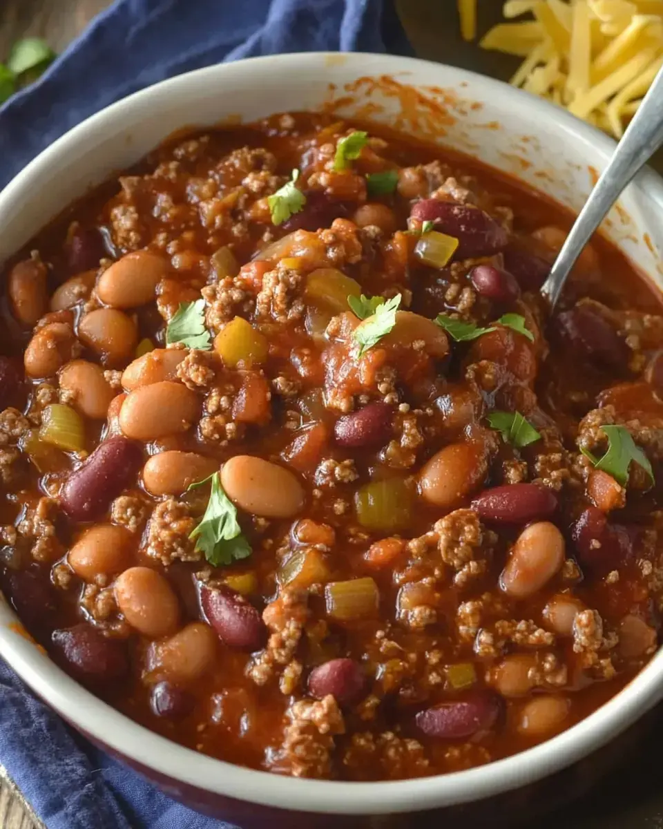 A bowl of hearty chili featuring ground meat, various beans, and garnished with fresh herbs.