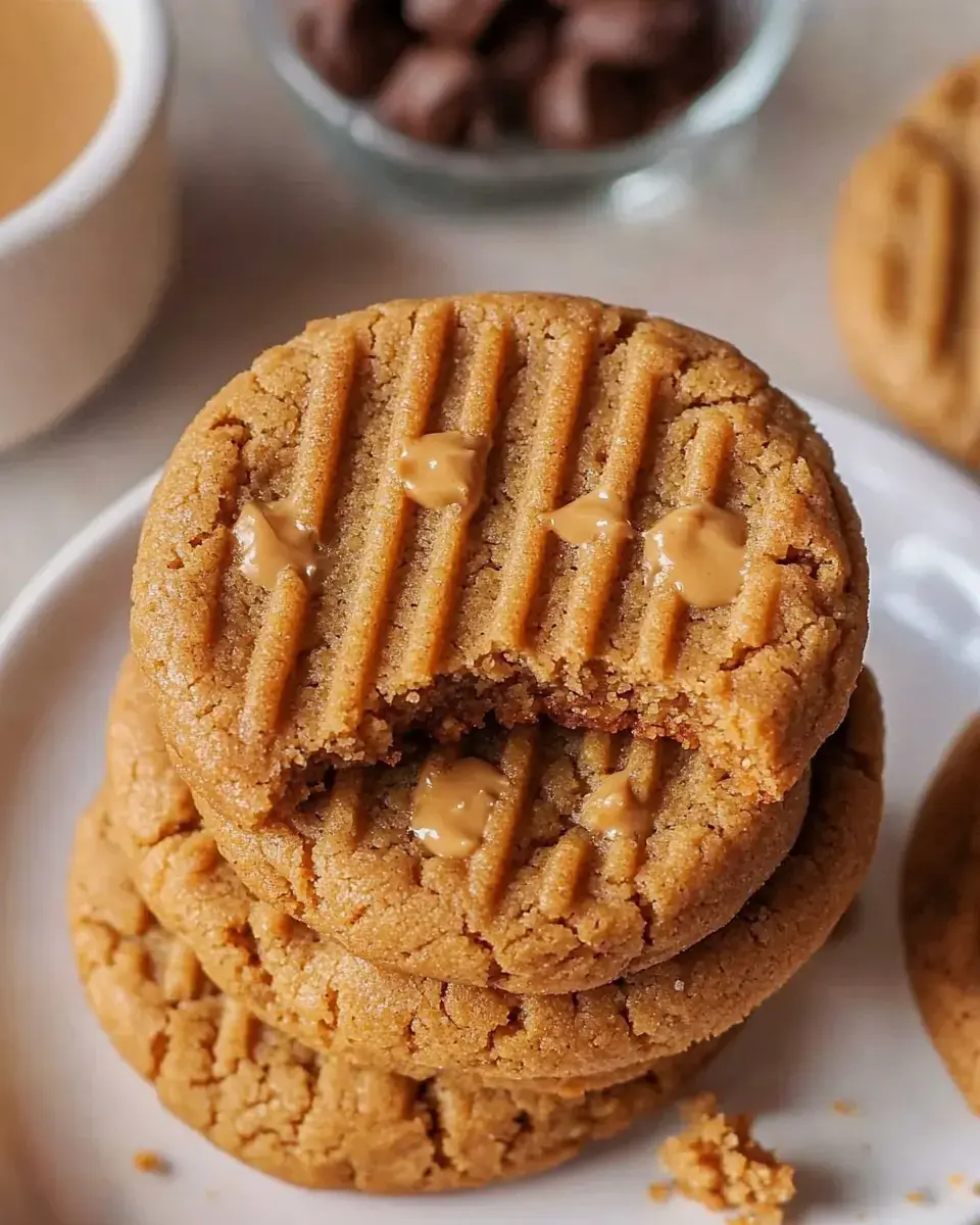 A stack of peanut butter cookies, one with a bite taken out, sits on a plate next to a small cup of coffee and a bowl of chocolate chips.