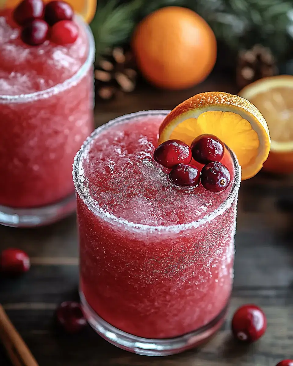 Two frosty, vibrant red cocktails garnished with cranberries and orange slices, surrounded by pinecones and oranges on a wooden surface.