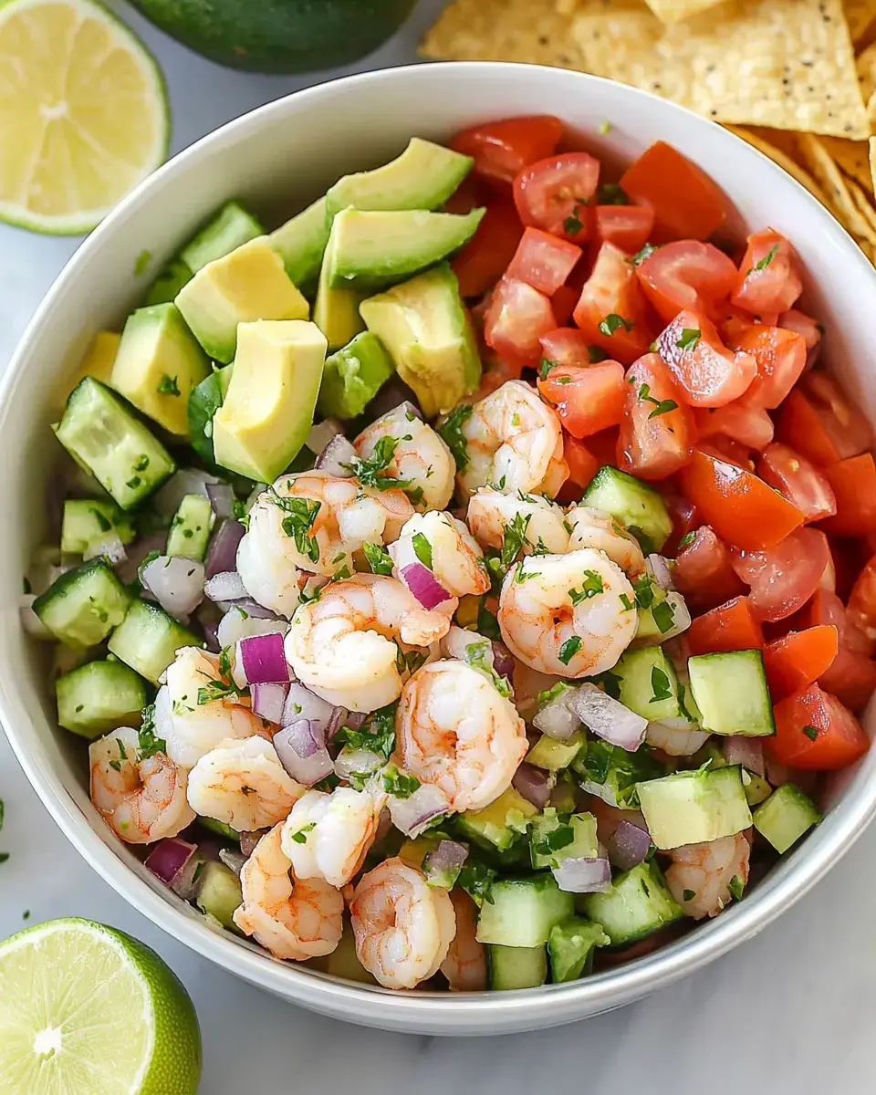 A bowl filled with shrimp, diced avocado, cucumber, tomatoes, and herbs, accompanied by lime and tortilla chips.