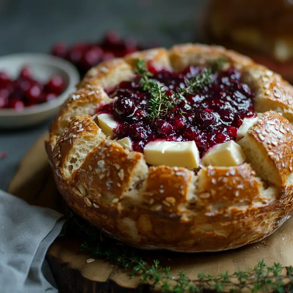 A round loaf of bread filled with creamy cheese, topped with cranberry sauce and garnished with fresh thyme, alongside scattered cranberries.