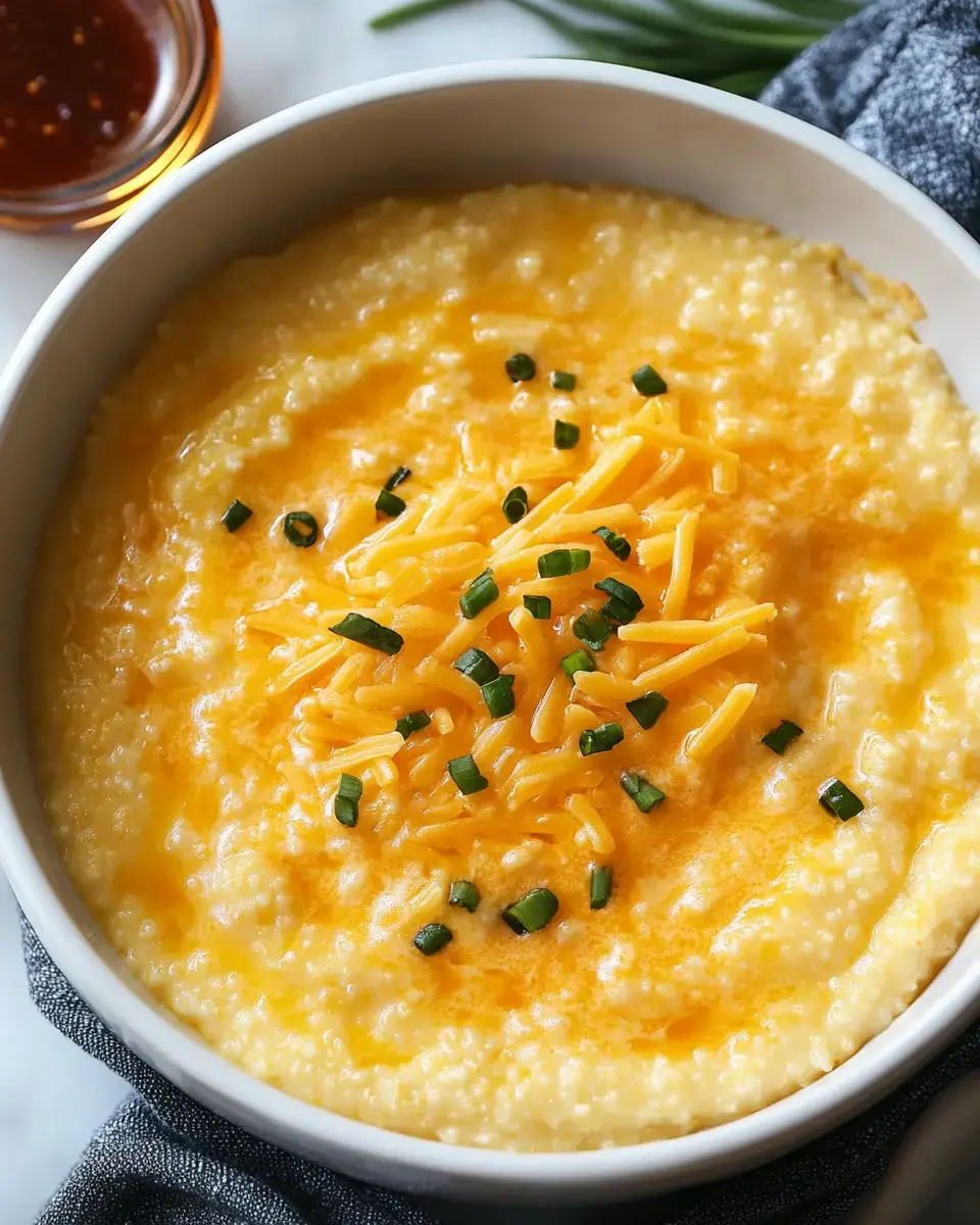 A bowl of creamy yellow grits topped with shredded cheese and chopped green onions, with a small dish of sauce in the background.