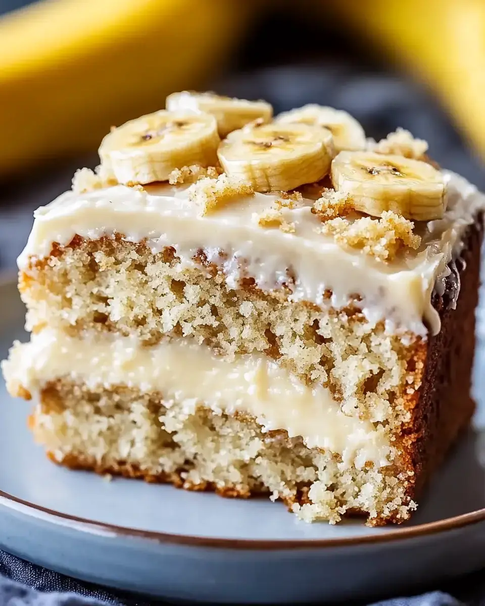 A slice of banana cake topped with banana slices and creamy frosting sits on a plate, with additional bananas blurred in the background.