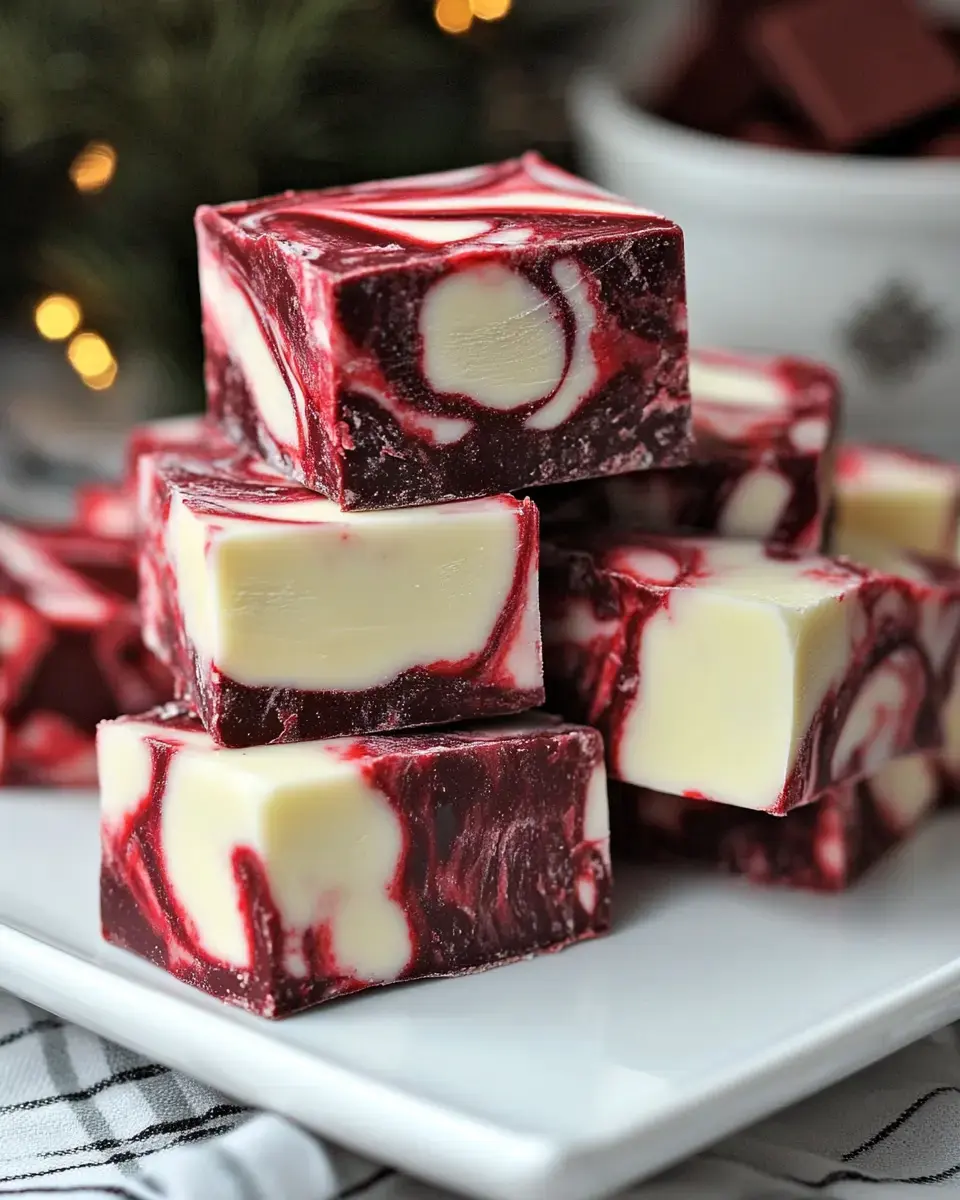 A close-up view of beautifully swirled red and white fudge squares stacked on a white plate.