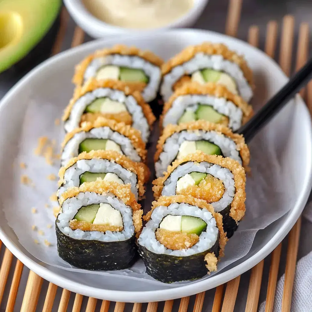 A plate of crispy sushi rolls filled with cucumber and cream cheese, garnished with breadcrumbs.