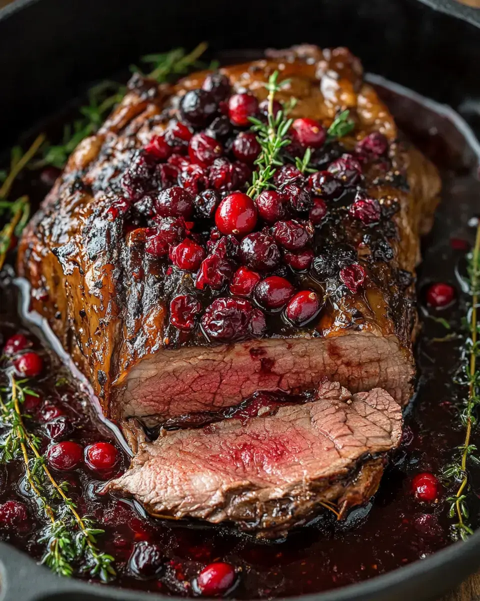 A succulent roast topped with cranberries and fresh thyme sits in a rich sauce.