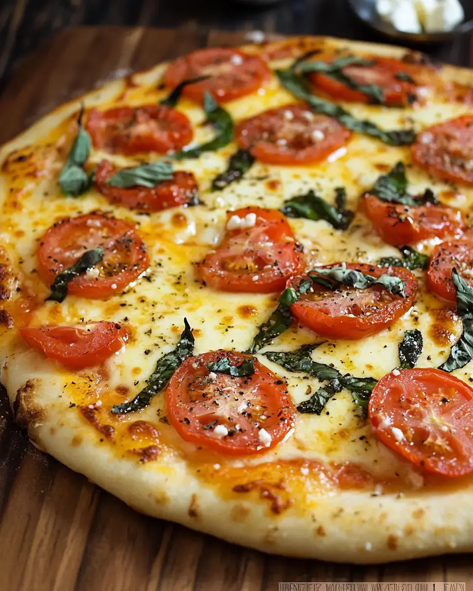 A freshly baked pizza topped with sliced tomatoes, fresh basil, and sprinkled with herbs on a wooden serving board.