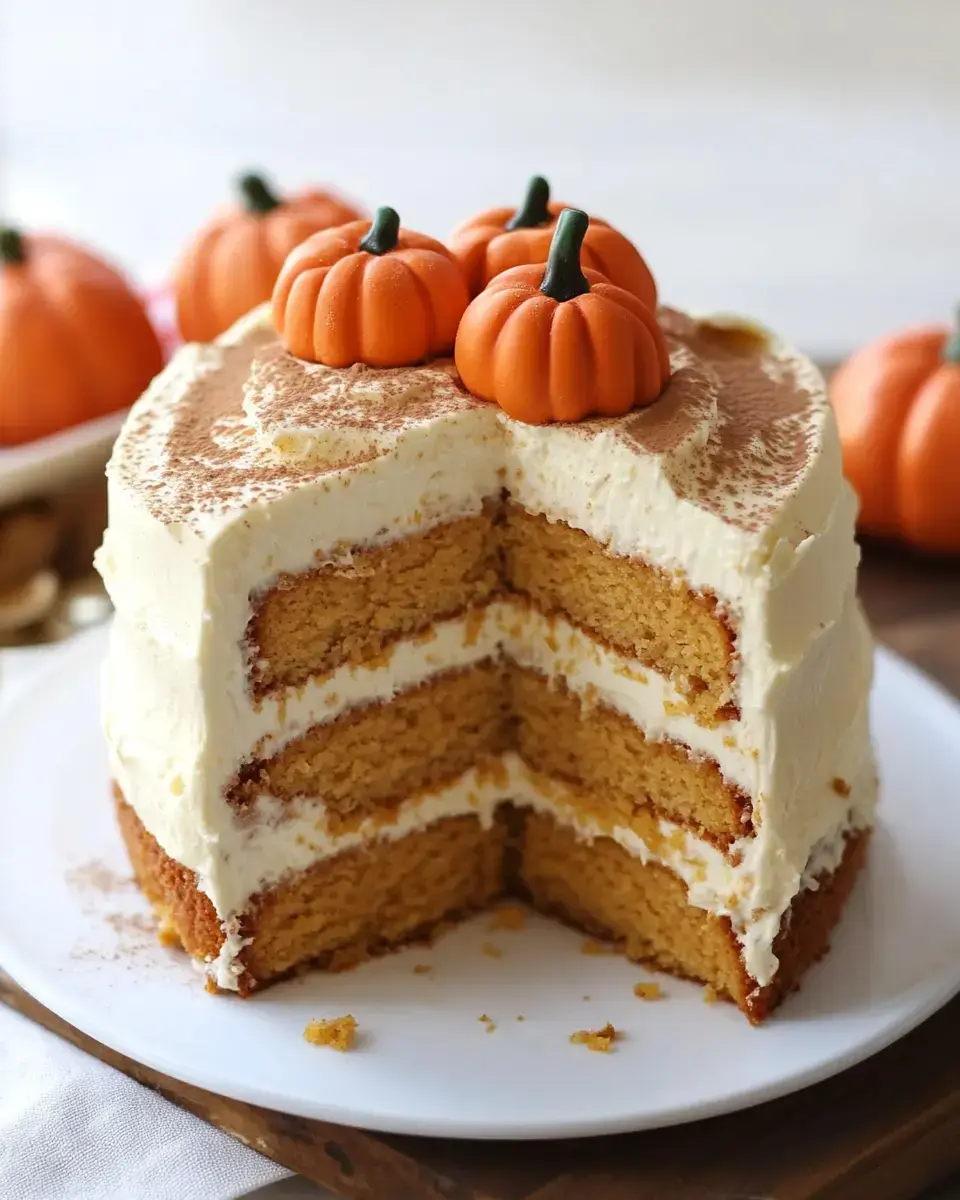 A three-layer pumpkin cake with cream frosting, topped with miniature orange pumpkins, is partially sliced on a white plate.