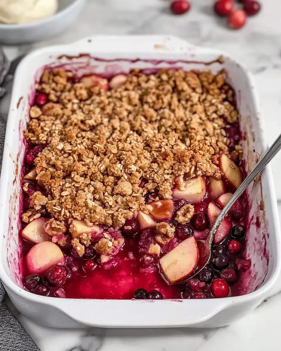 A baked fruit dish topped with a golden oat crumble, featuring apples and cranberries, served in a white dish on a marble surface.