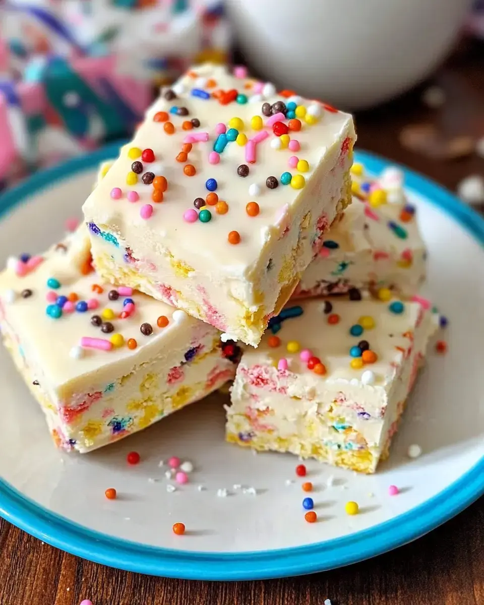 A plate of colorful, frosted dessert squares sprinkled with various toppings.