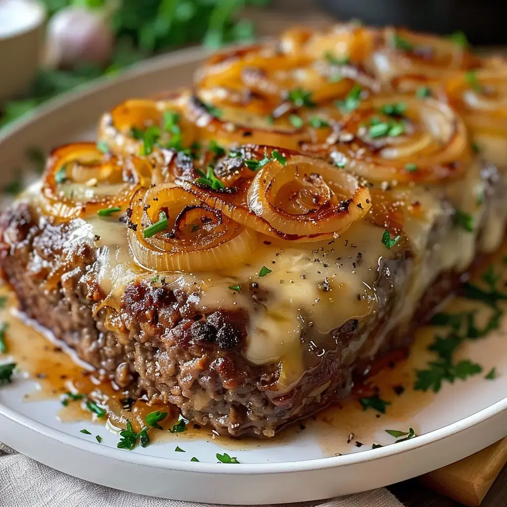 A delicious meatloaf topped with caramelized onions and melted cheese, garnished with chopped parsley, served on a white plate.