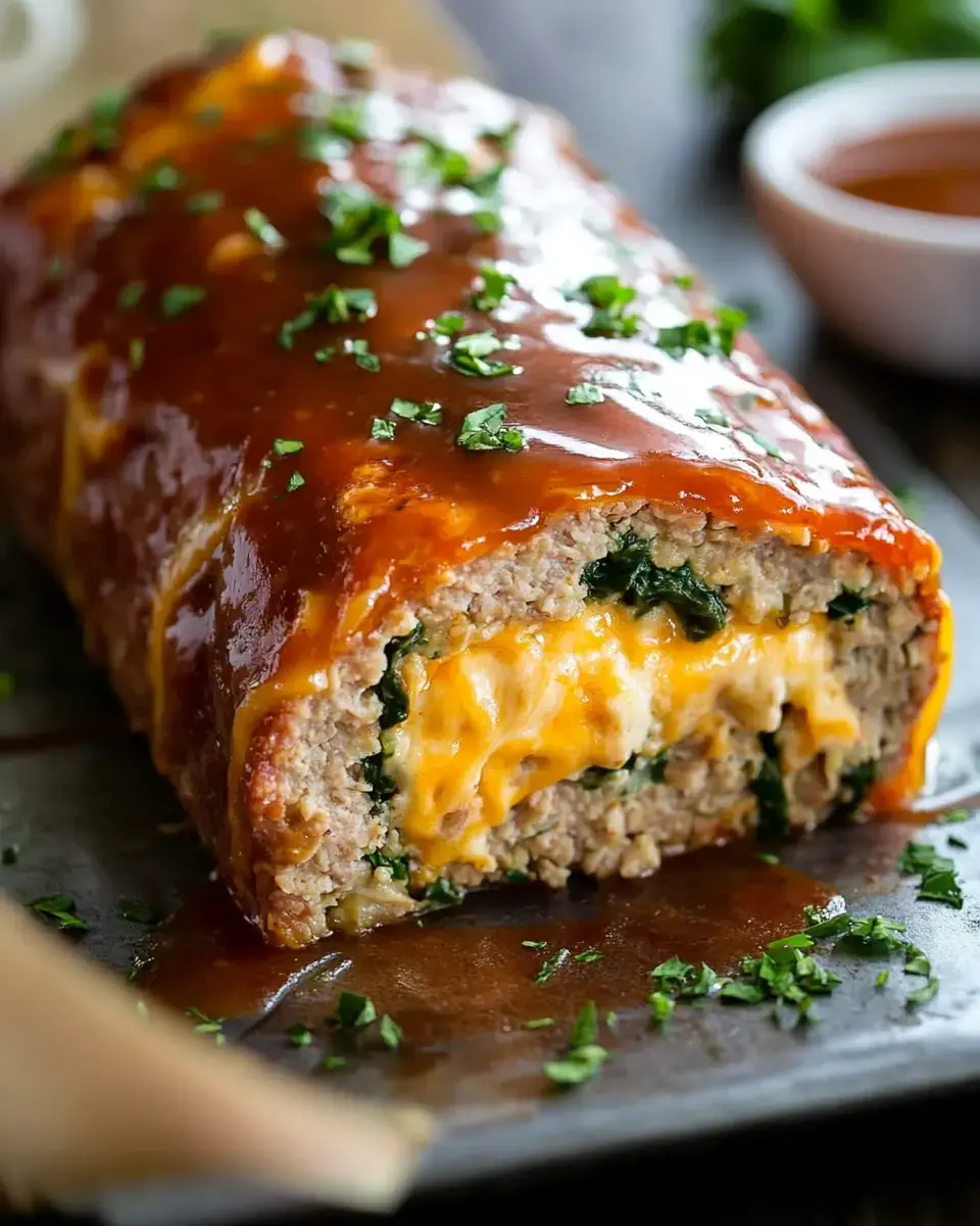 A sliced meatloaf filled with melted cheese and spinach, topped with a glossy sauce and garnished with chopped herbs.