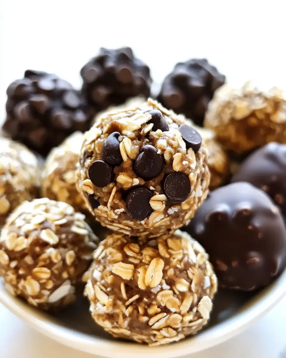 A close-up image of a bowl filled with oatmeal chocolate energy balls and chocolate-coated treats.