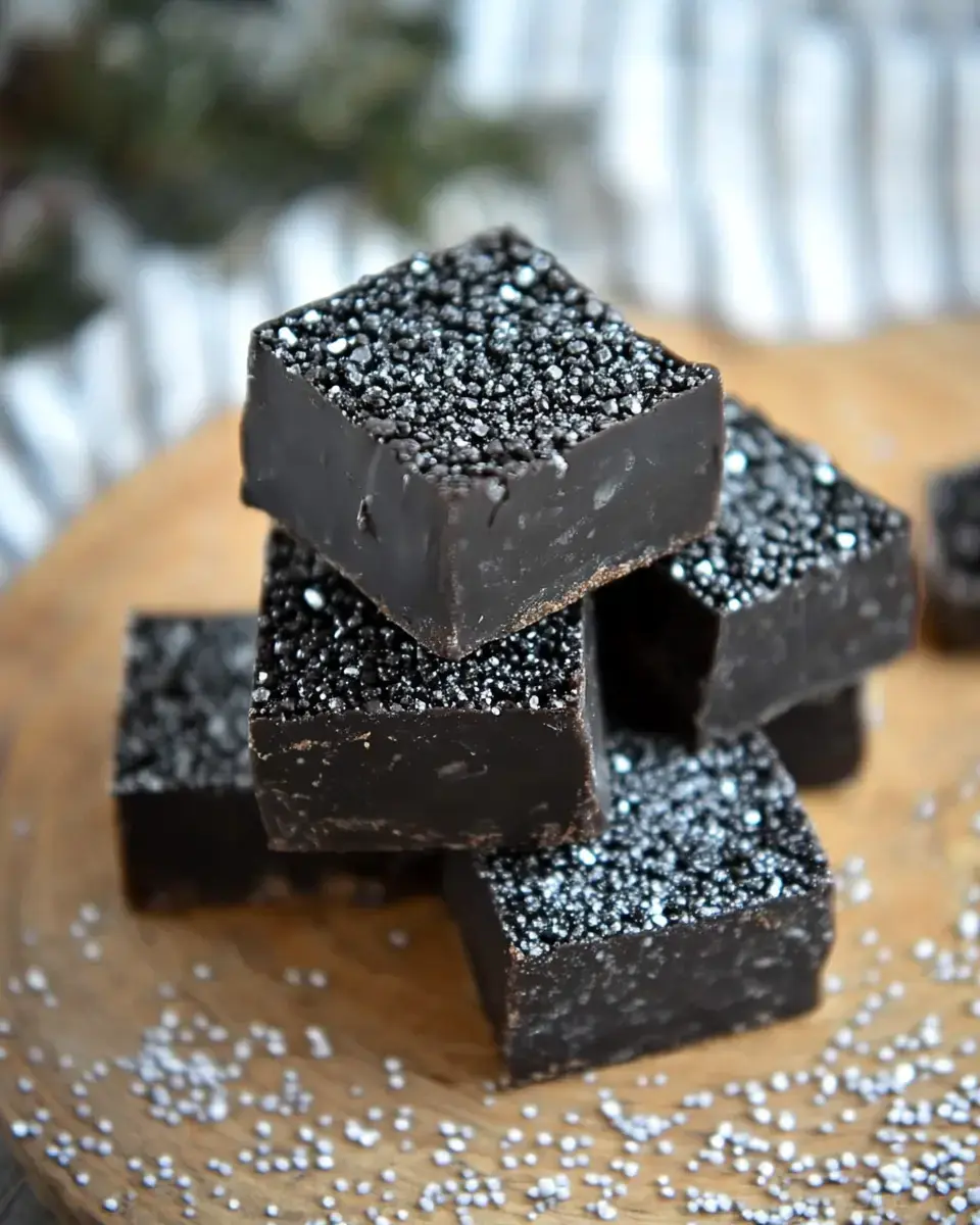 A stack of dark chocolate fudge squares topped with shiny black sprinkles, arranged on a wooden board.