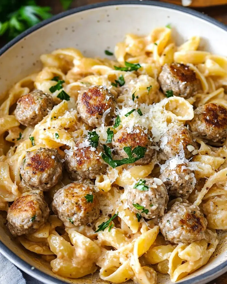 A bowl of pasta with creamy sauce topped with brown meatballs and garnished with parsley and grated cheese.