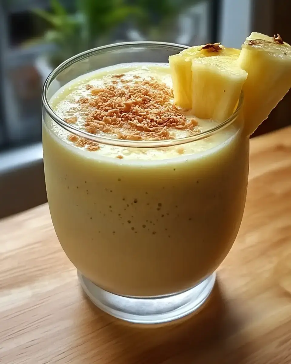 A glass of creamy smoothie topped with toasted coconut and garnished with pineapple slices, set on a wooden surface.