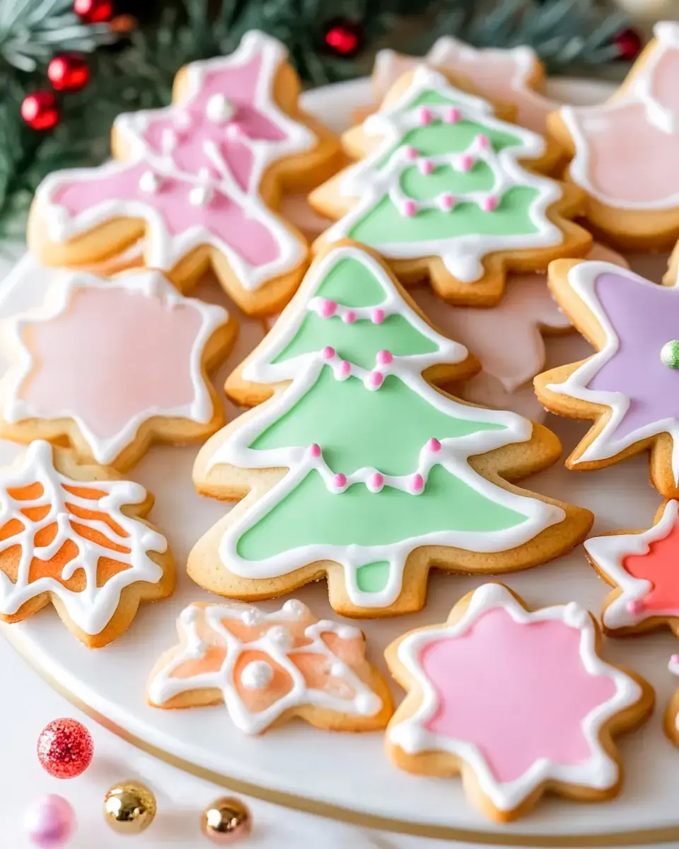 A plate of beautifully decorated holiday cookies, including Christmas trees, snowflakes, and leaves, in pastel colors with intricate icing.