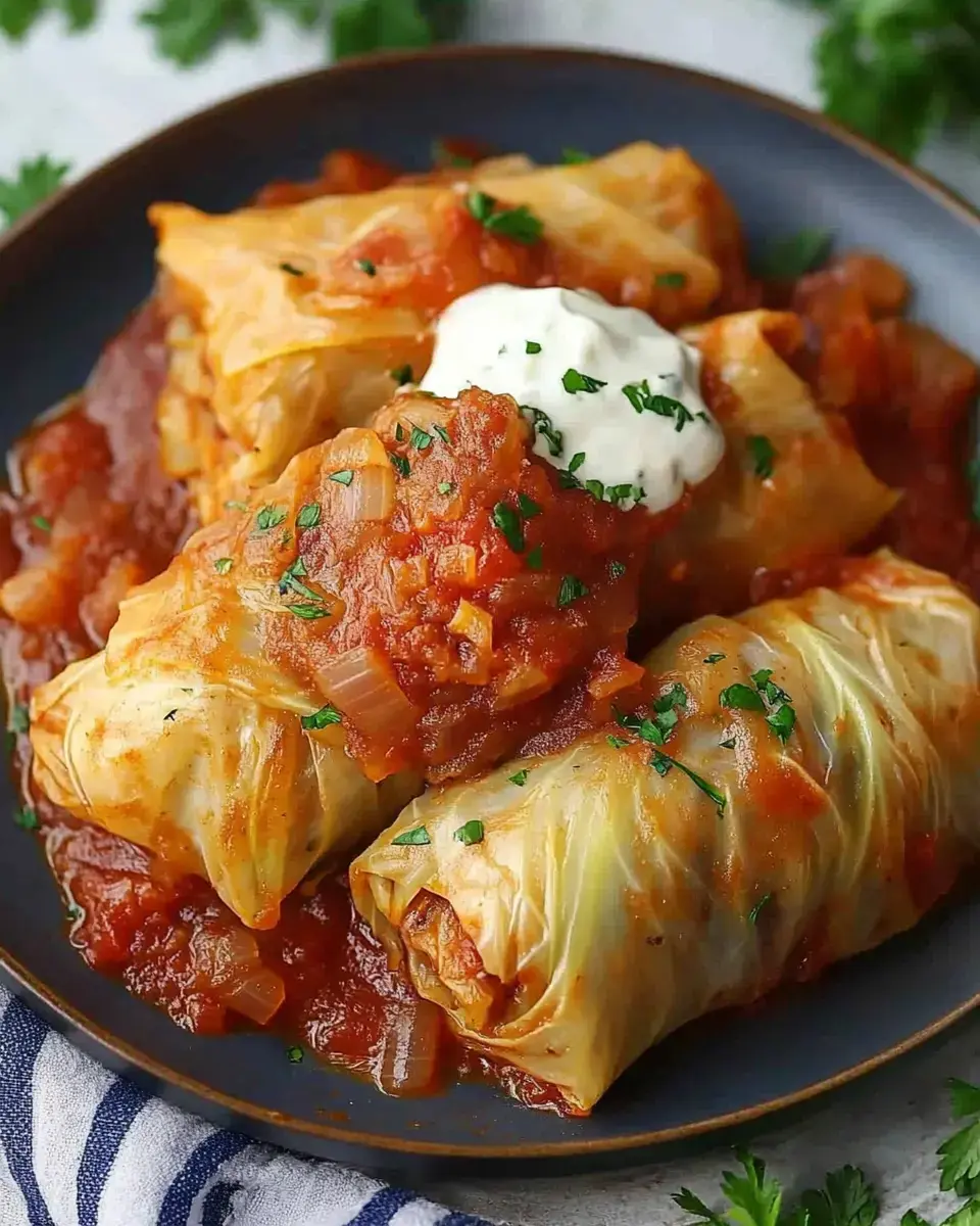 A plate of stuffed cabbage rolls topped with tomato sauce and a dollop of sour cream, garnished with parsley.