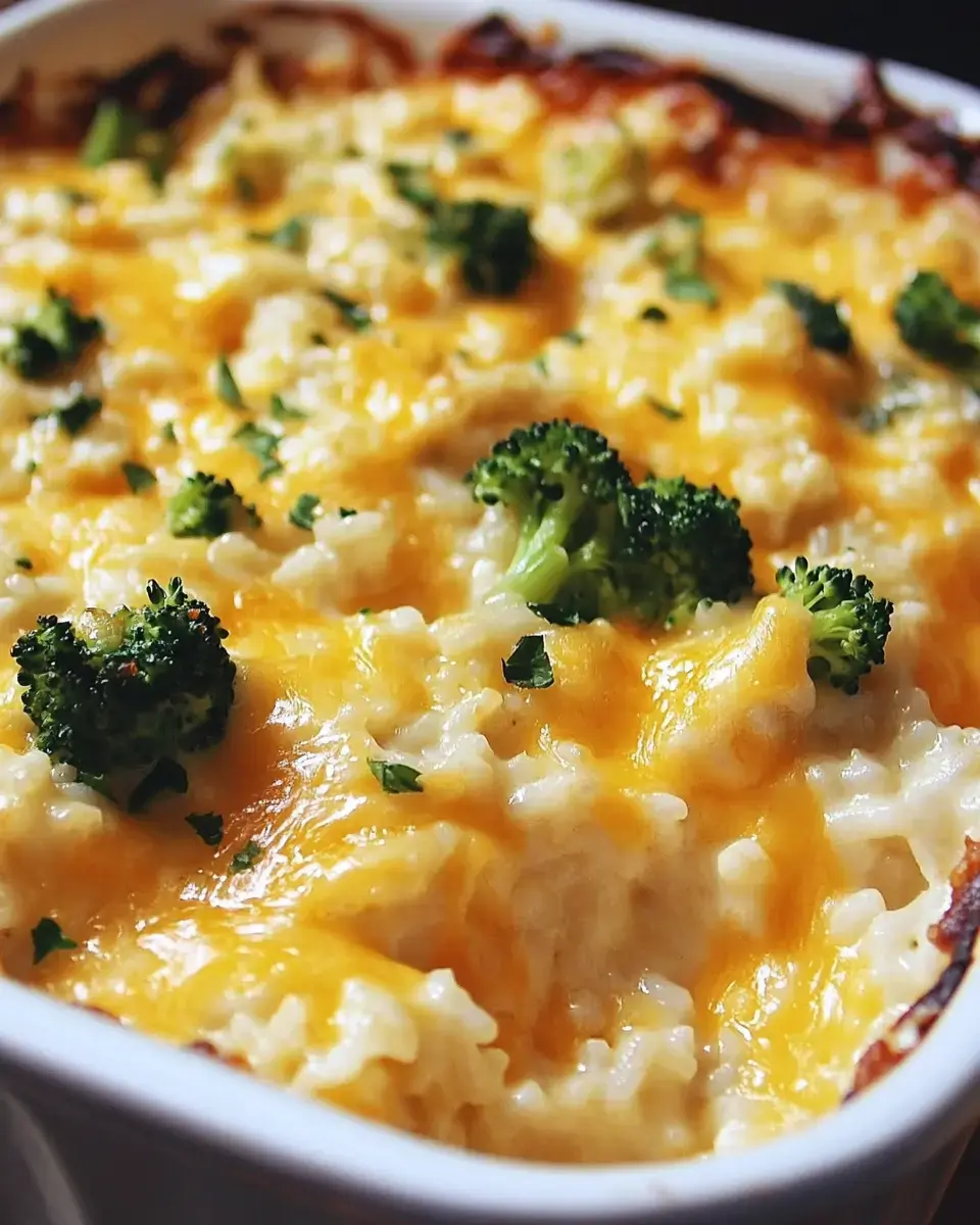 A creamy casserole topped with melted cheddar cheese and broccoli.