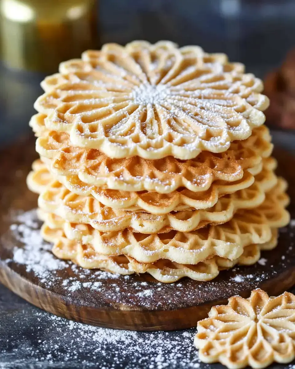 A stack of delicate, flower-shaped cookies dusted with powdered sugar sits on a wooden platter.