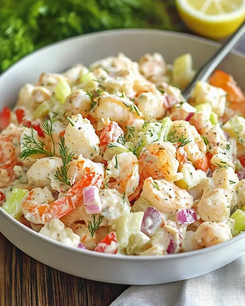 A close-up of a bowl filled with a shrimp salad, featuring shrimp, diced vegetables, and a creamy dressing, garnished with fresh dill.