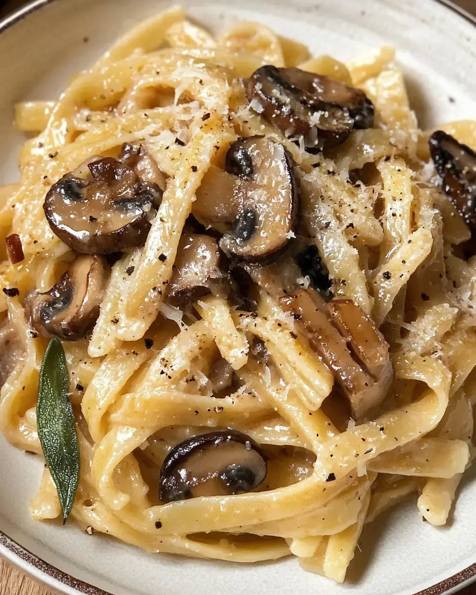 A close-up of a bowl of creamy fettuccine pasta topped with sautéed mushrooms and grated cheese.