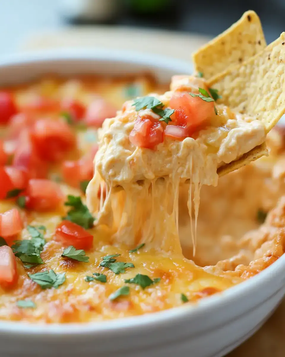 A creamy, cheesy dip with melted cheese, topped with diced tomatoes and cilantro, being scooped up with a tortilla chip.