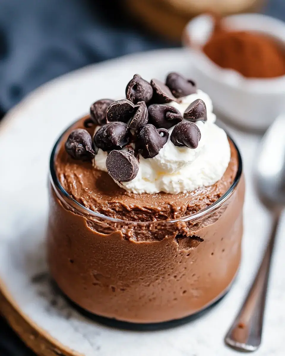 A glass dessert cup filled with rich chocolate mousse, topped with whipped cream and chocolate chips, sits on a marble surface.