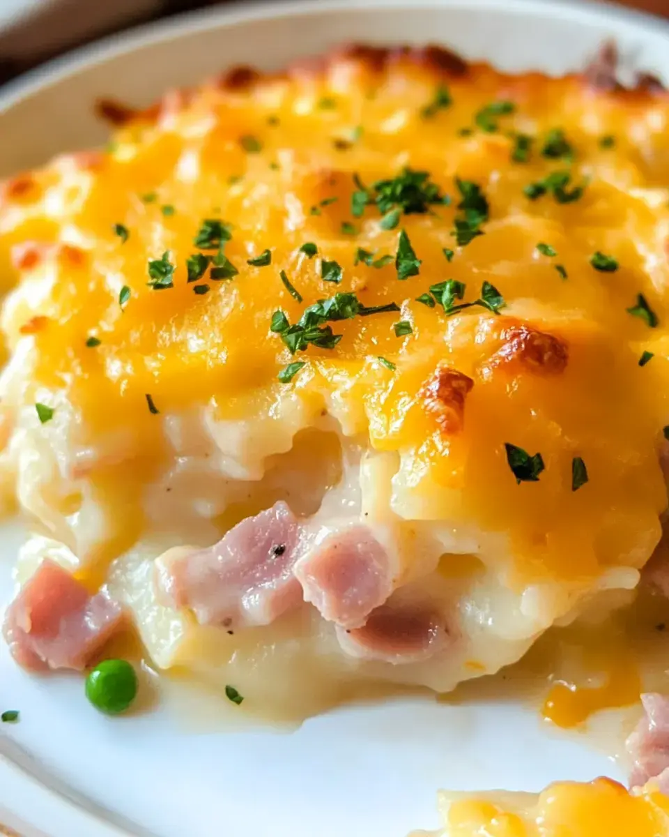 A close-up view of a cheesy casserole topped with melted cheddar cheese and garnished with chopped parsley, featuring pieces of ham and green peas.