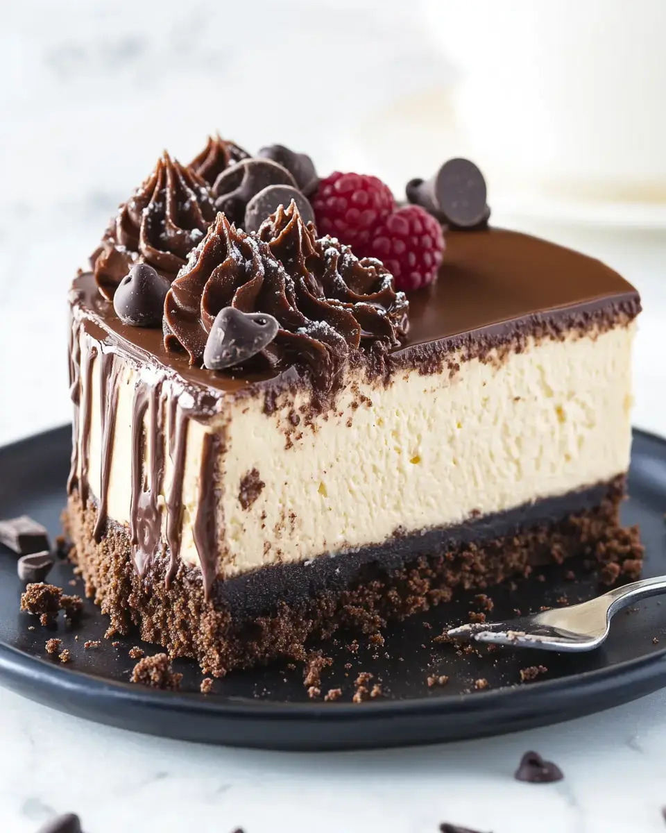 A slice of chocolate cheesecake adorned with chocolate frosting, chocolate chips, and raspberries, sitting on a black plate.