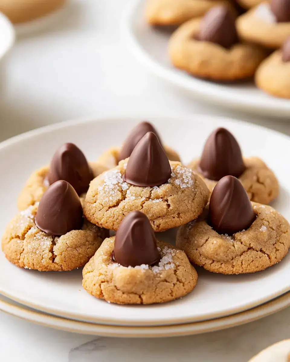 A plate of freshly baked cookies topped with chocolate kisses and sprinkled with coarse sea salt.