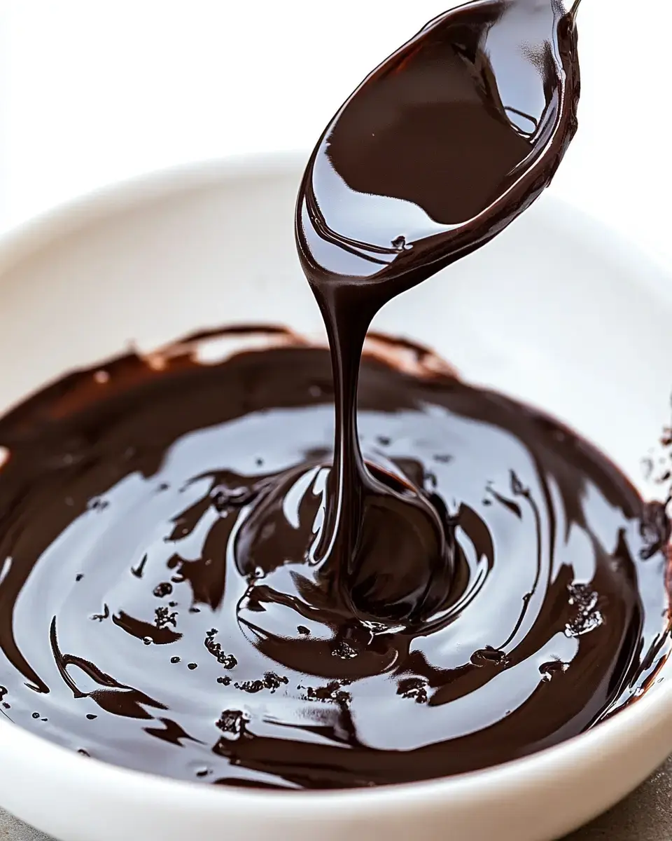 A spoon drips glossy melted chocolate from a white bowl.