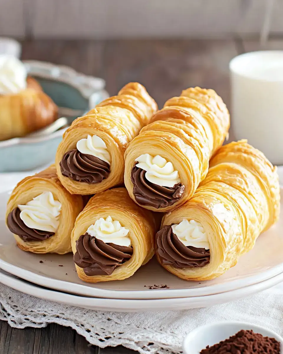 A plate of flaky pastry rolls filled with chocolate and cream frosting, arranged attractively on a lace doily.