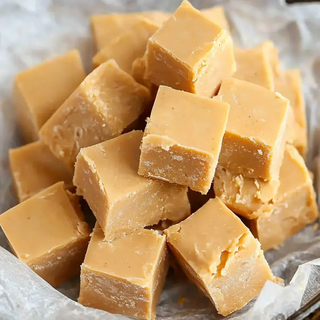 A close-up of a pile of cut squares of creamy beige fudge, arranged appealingly on parchment paper.