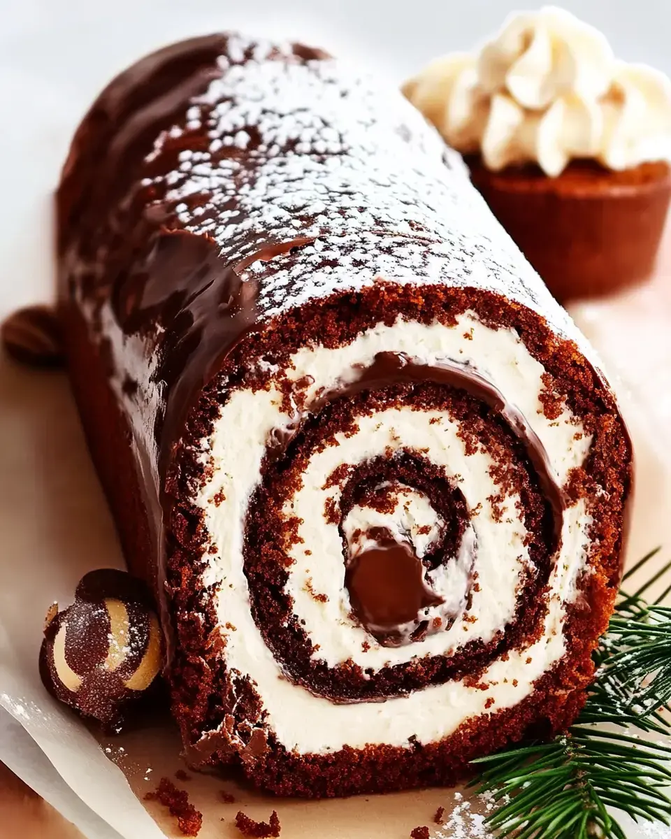 A chocolate roll cake filled with cream and a swirl of chocolate, dusted with powdered sugar, alongside a small cupcake and decorative greenery.