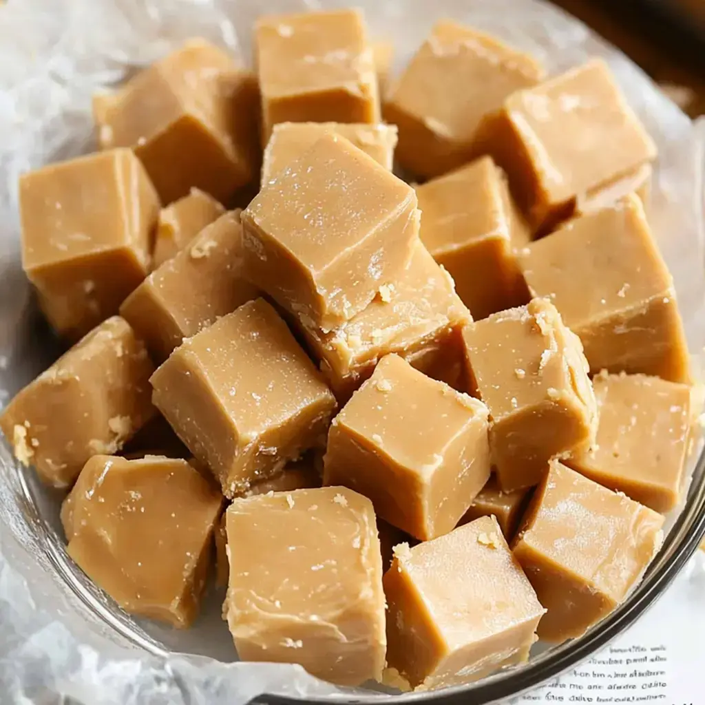 A close-up image of a bowl filled with small, creamy brown fudge squares.