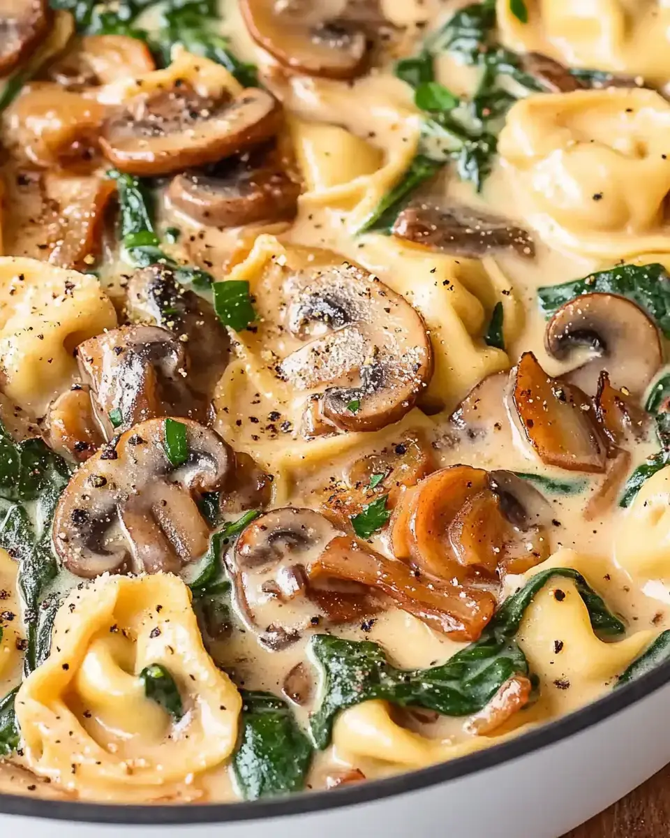 A creamy pasta dish featuring tortellini, sautéed mushrooms, and fresh spinach, garnished with black pepper.