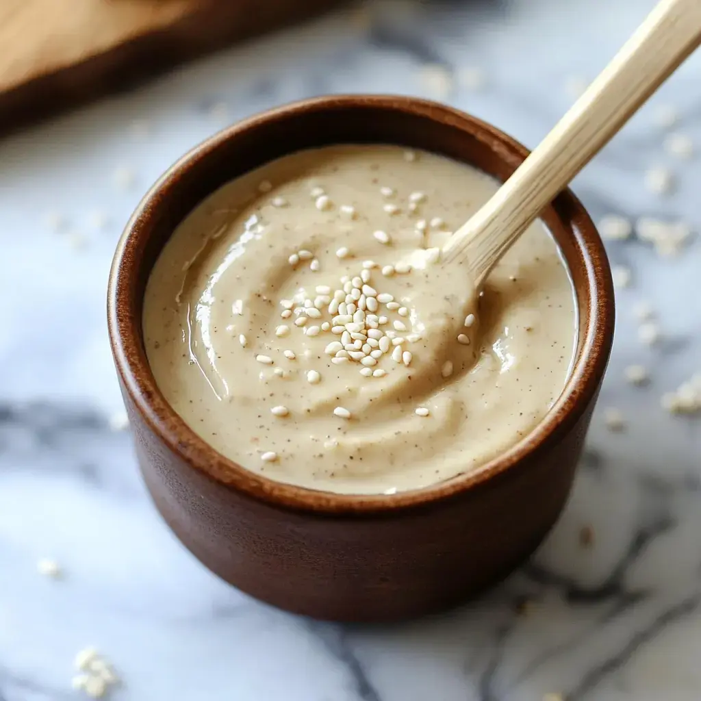 A small wooden bowl filled with creamy tahini, garnished with sesame seeds and accompanied by a wooden spoon, sits on a marble surface.