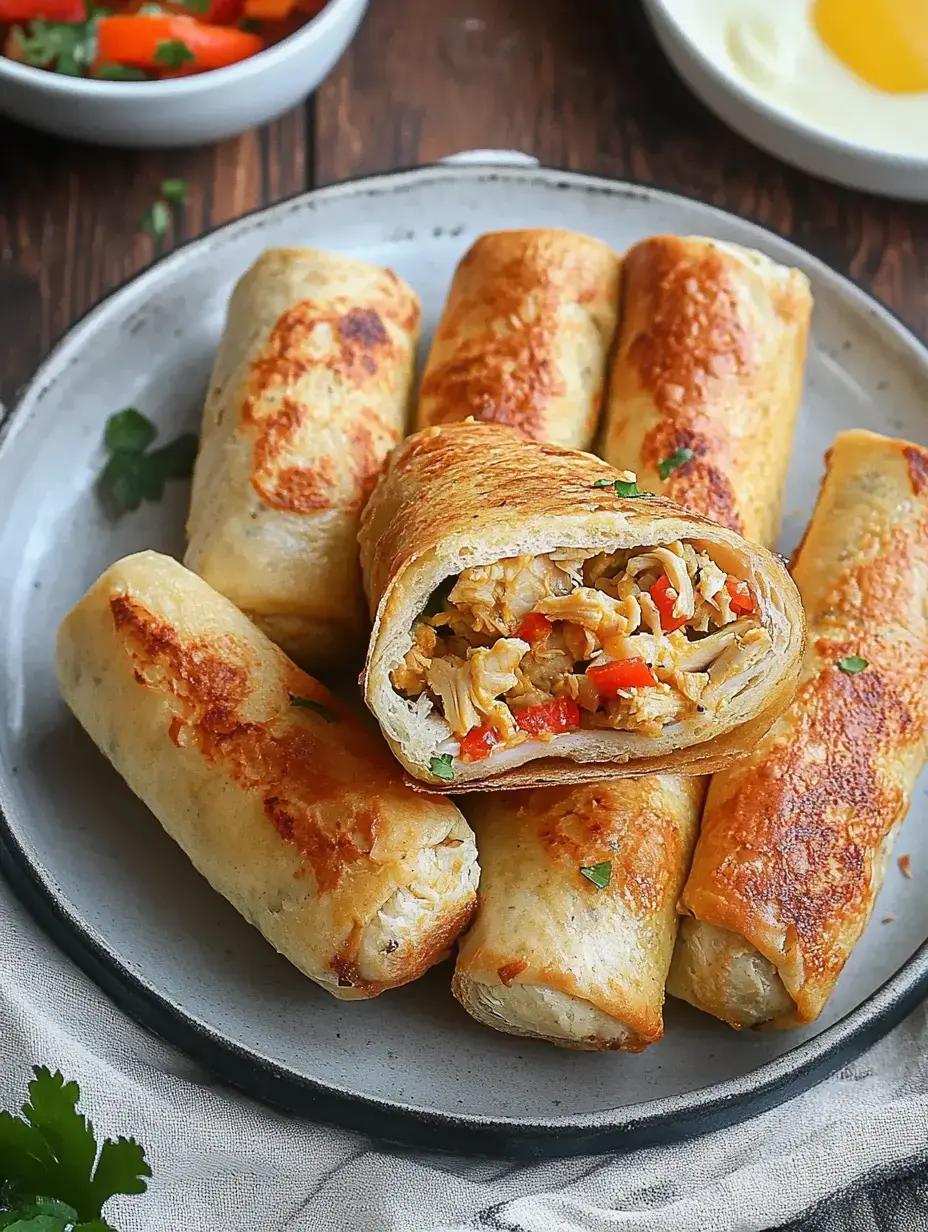 A plate of golden-brown chicken-filled rolls, with one cut in half to reveal the colorful filling, garnished with parsley.