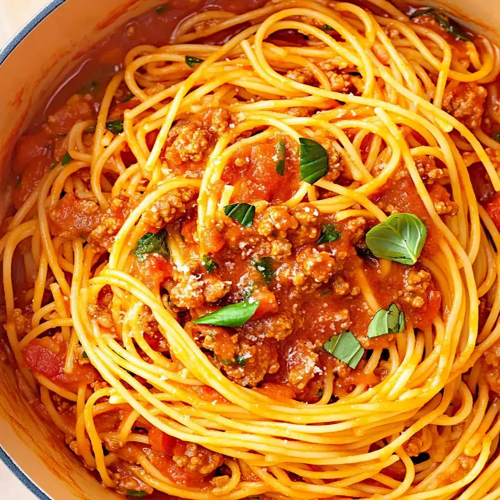 A close-up image of spaghetti mixed with a hearty meat sauce and garnished with fresh basil.