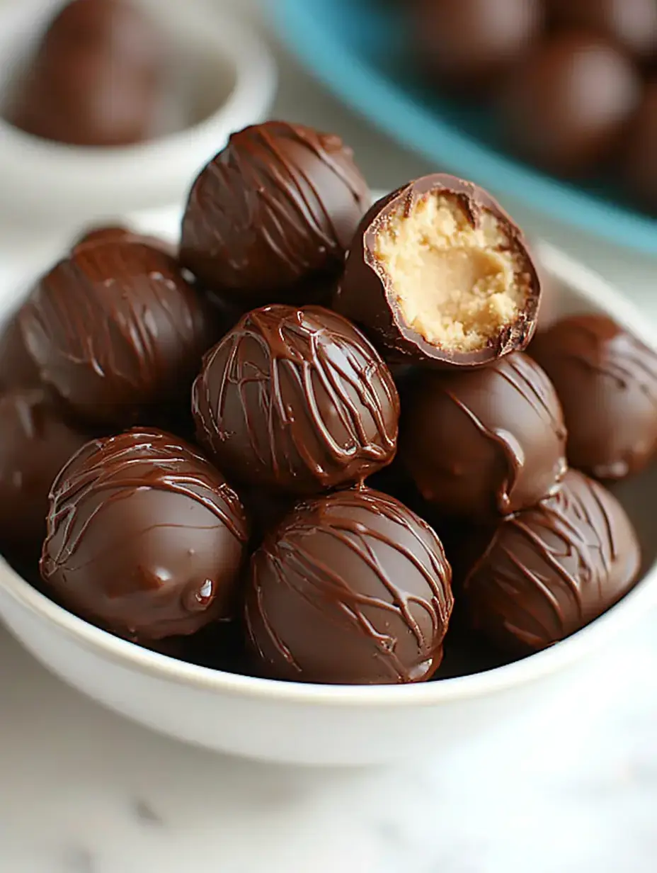 A bowl filled with chocolate-dipped truffles, one of which is partially bitten to reveal a creamy filling.