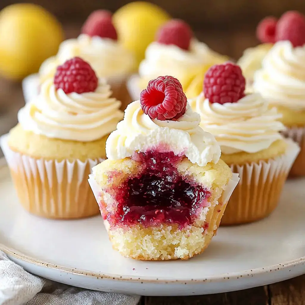 A plate of lemon cupcakes topped with swirls of frosting and fresh raspberries, one cupcake is partially cut to reveal its raspberry filling.