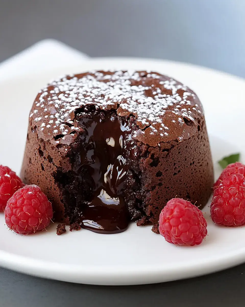 A molten chocolate dessert oozing from the center is served on a plate with fresh raspberries.