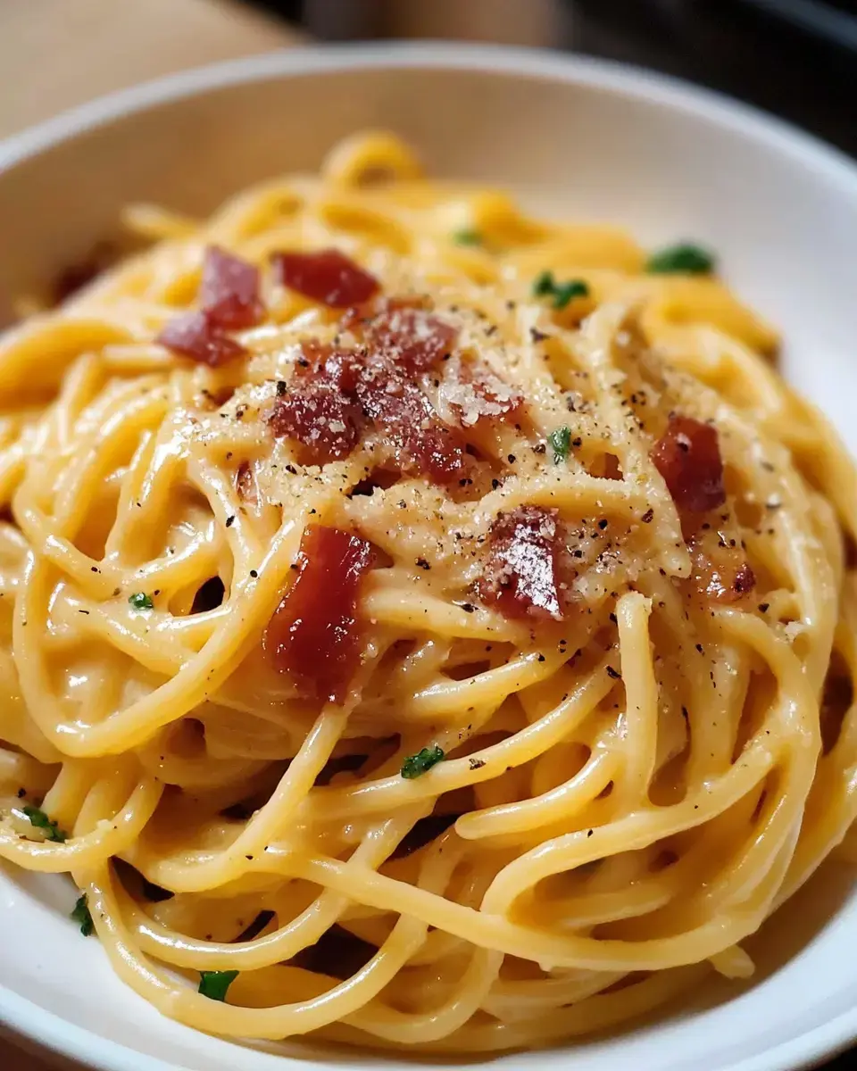 A close-up of a bowl of creamy spaghetti topped with crispy bacon bits and grated cheese.