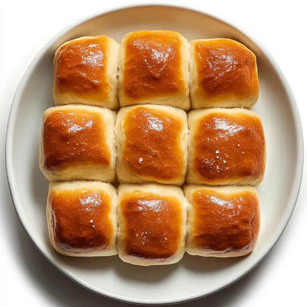 A white plate holds nine golden-brown dinner rolls arranged in a square pattern.