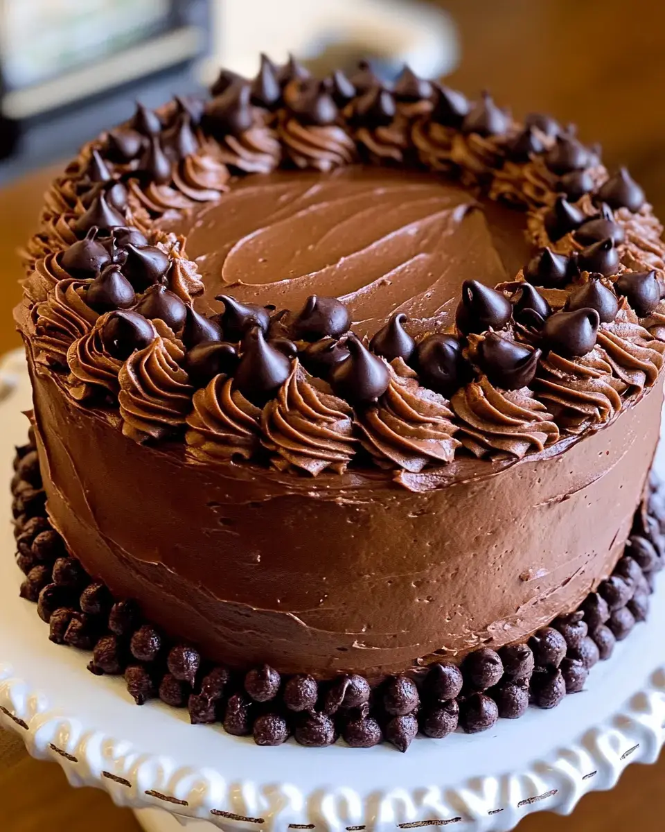 A rich chocolate cake is topped with swirls of chocolate frosting and chocolate chips, sitting on a decorative cake stand.