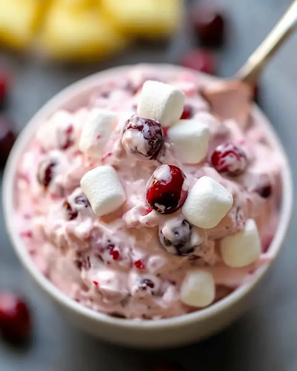 A bowl of fluffy pink salad made with cranberries and topped with mini marshmallows.